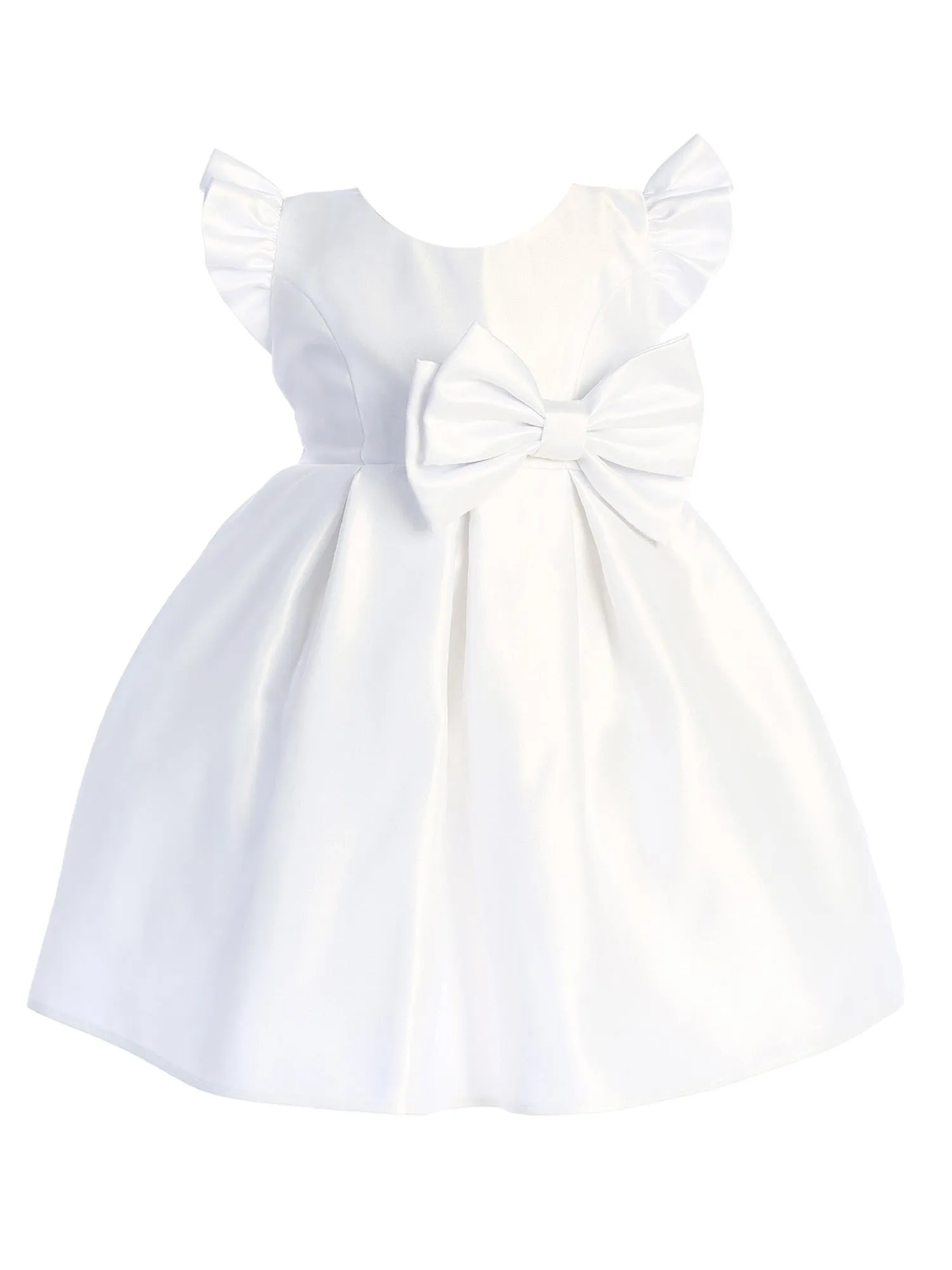 Baby Girls White Flutter Sleeve Pleated Satin Flower Girl Dress 6-24 Months