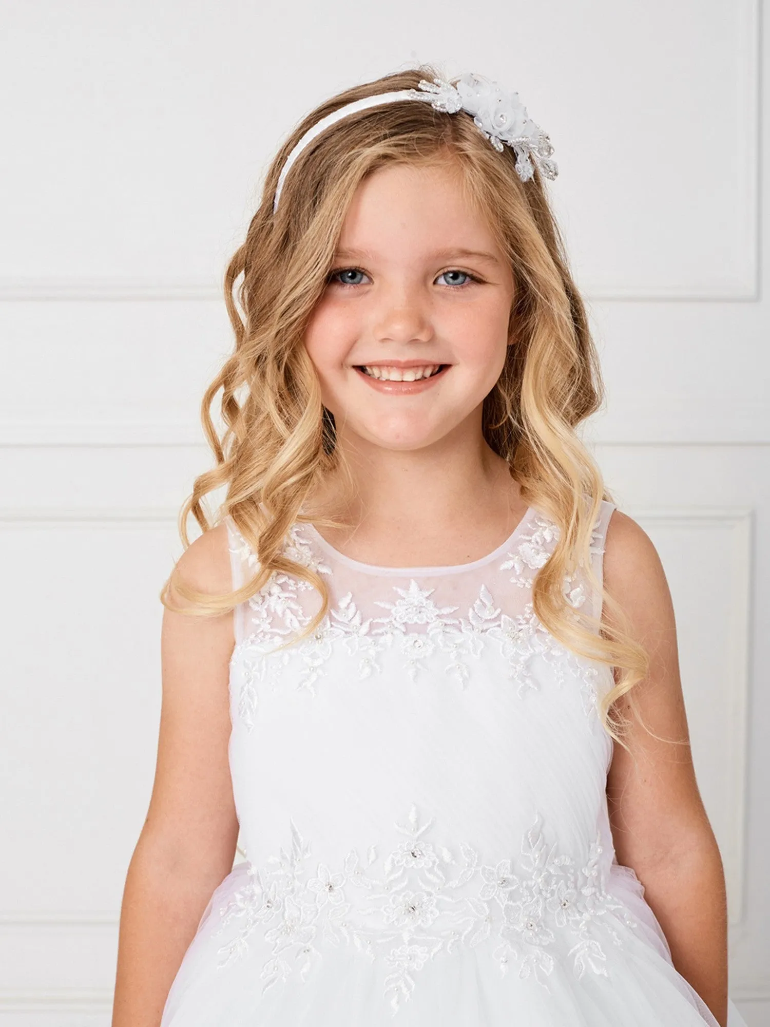 Big Girls White Illusion Neck Pleated Bodice Floral Junior Bridesmaid Dress 8-18