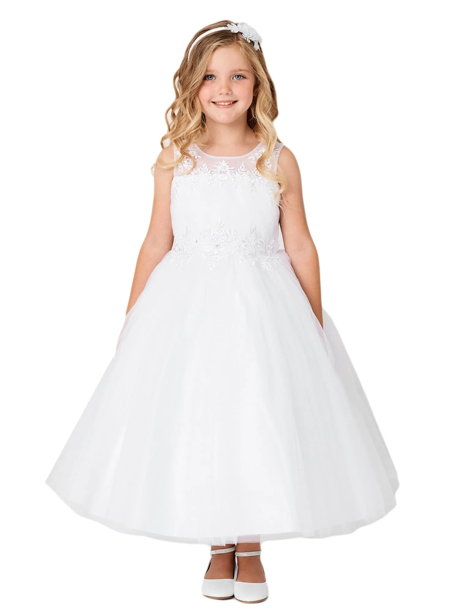 Big Girls White Illusion Neck Pleated Bodice Floral Junior Bridesmaid Dress 8-18