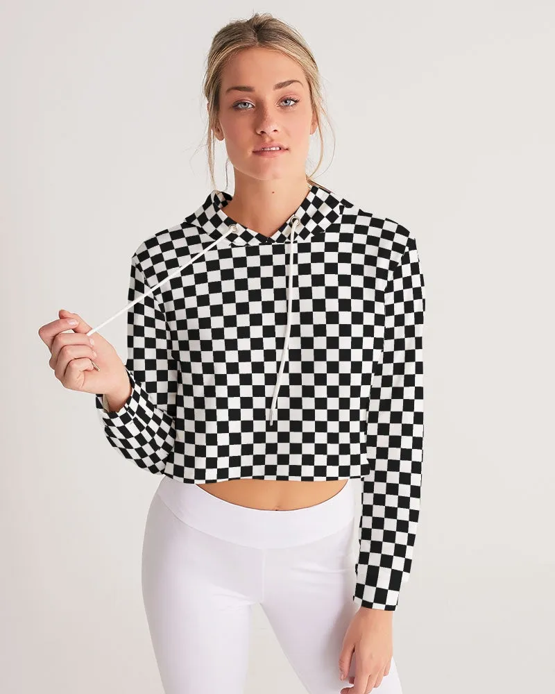 Black White Checkered Women Cropped Hoodie, Racing Check Ladies Aesthetic Graphic Hooded Pullover Sweatshirt Crop Jumper Top