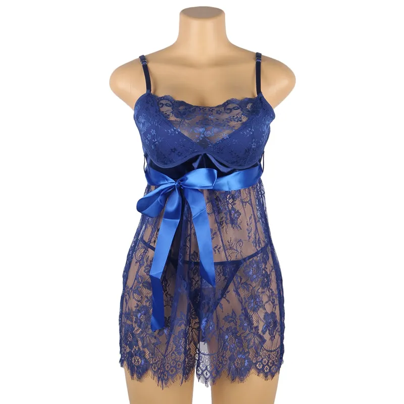 Blue Eyelash Lace Chest Pad Nightdress