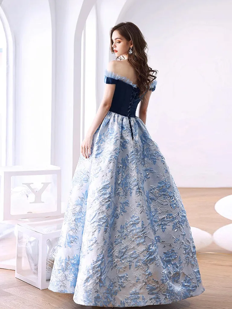 Blue Satin Velvet Long Prom Dress, Blue Long Evening Dress