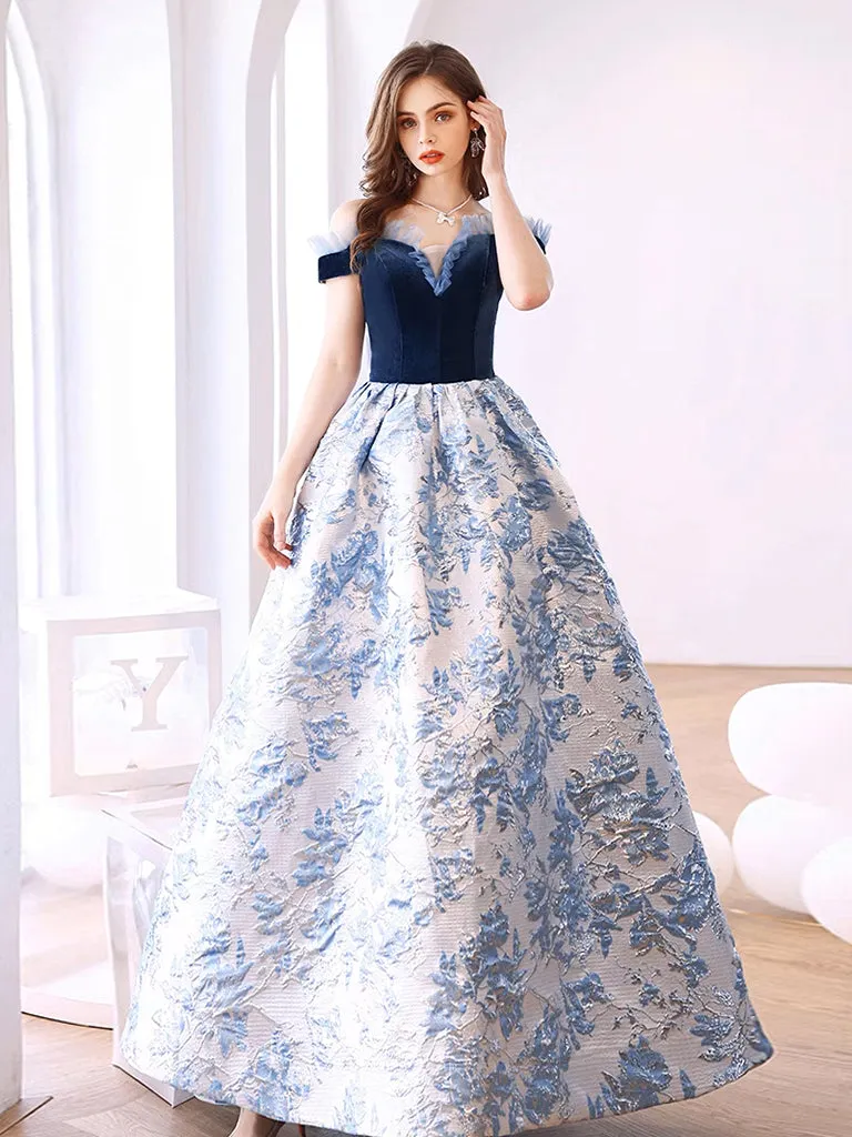 Blue Satin Velvet Long Prom Dress, Blue Long Evening Dress