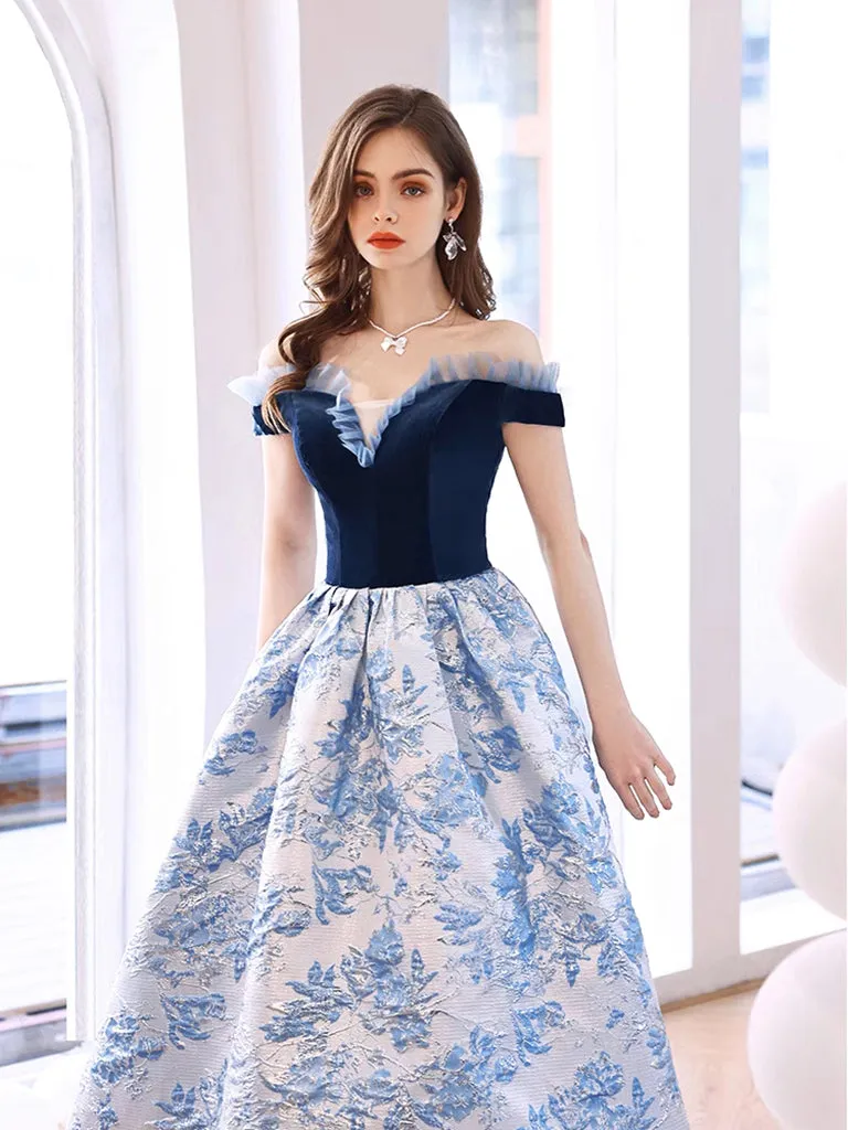 Blue Satin Velvet Long Prom Dress, Blue Long Evening Dress