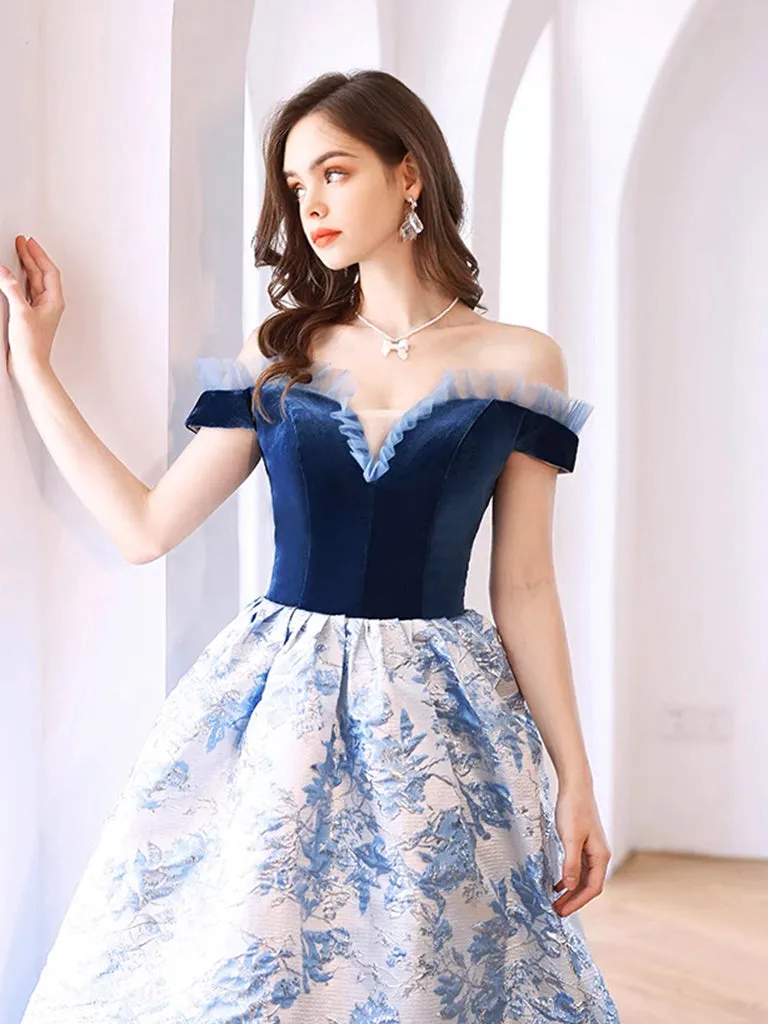 Blue Satin Velvet Long Prom Dress, Blue Long Evening Dress