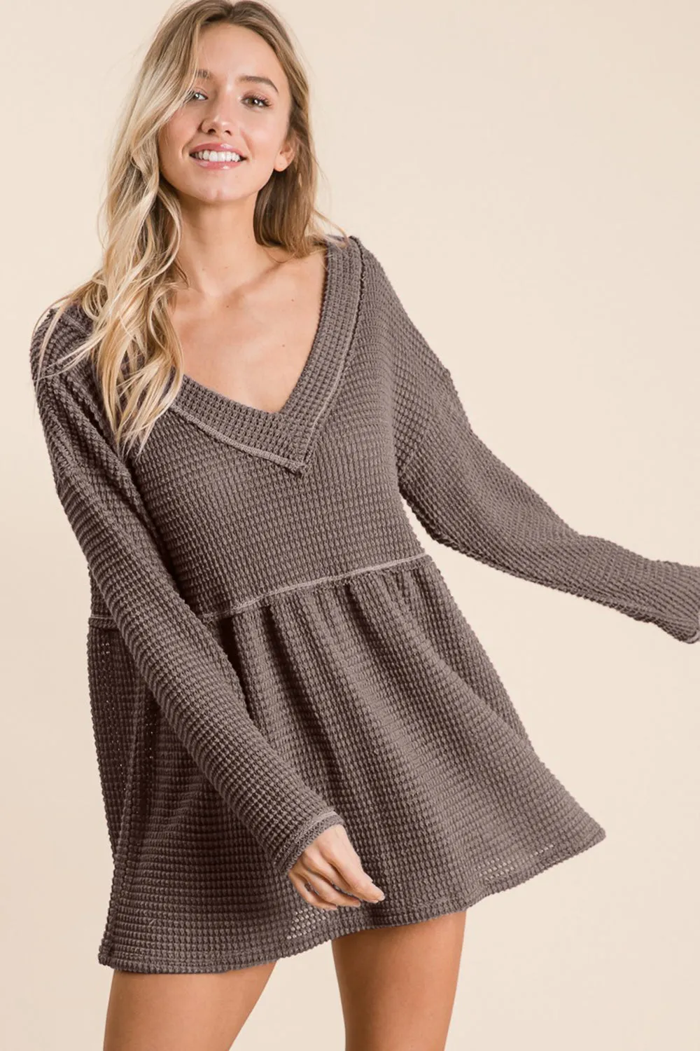 Blue Zone Planet |  BiBi Waffle Knit V-Neck Babydoll Blouse