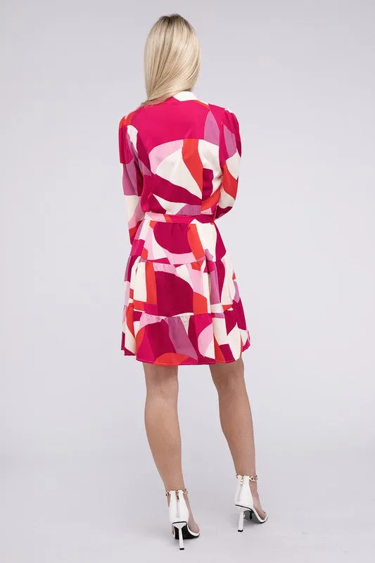 Bohemian Geometric Notched Neck Belted Dress
