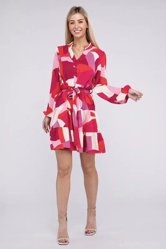 Bohemian Geometric Notched Neck Belted Dress
