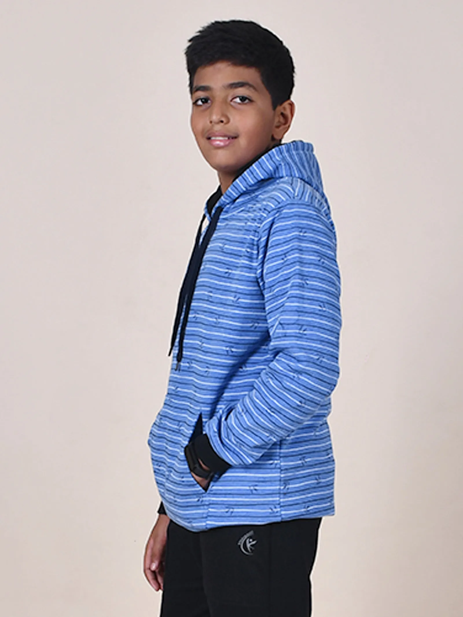 Boys Fleece Full Sleeves Striped Hooded Sweatshirt