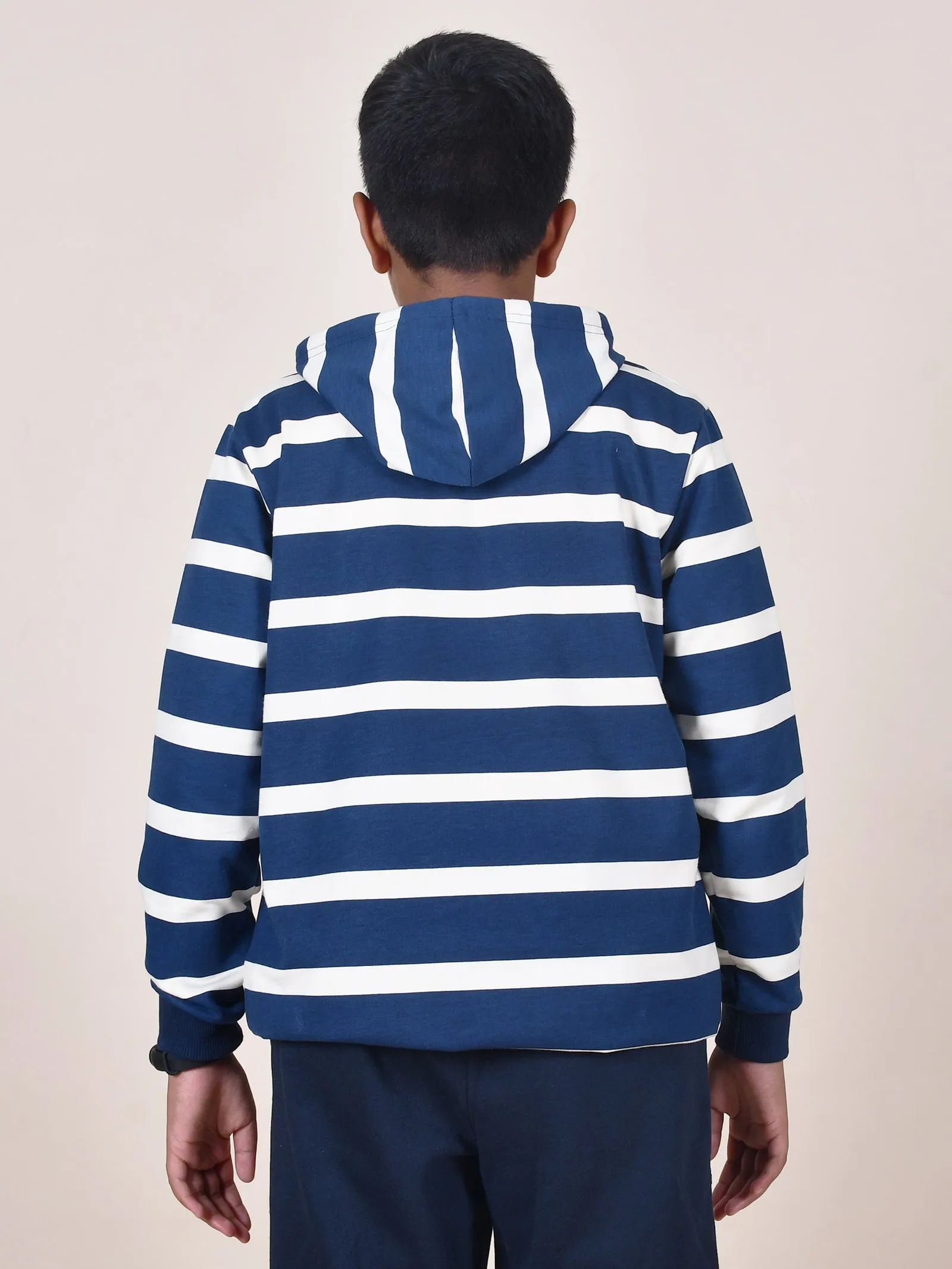 Boys Fleece Full Sleeves Striped Hooded Sweatshirt