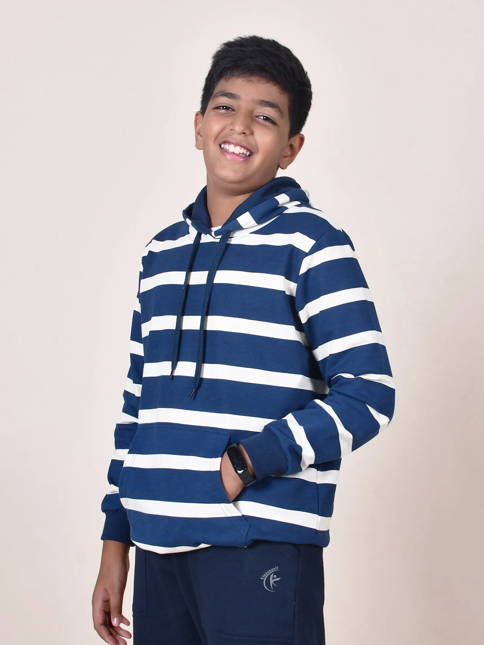 Boys Fleece Full Sleeves Striped Hooded Sweatshirt