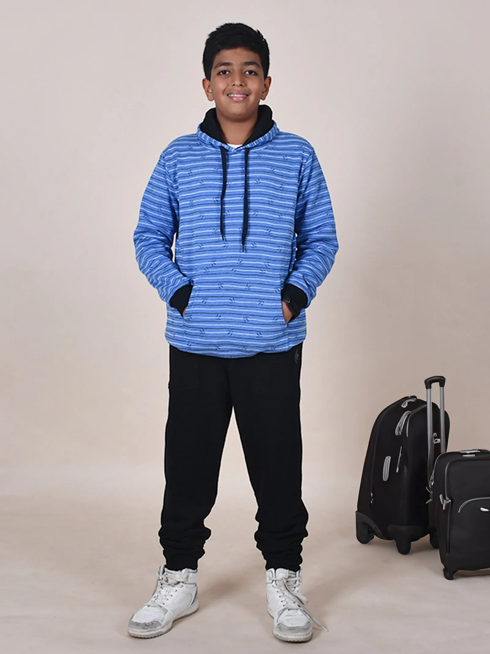 Boys Fleece Full Sleeves Striped Hooded Sweatshirt