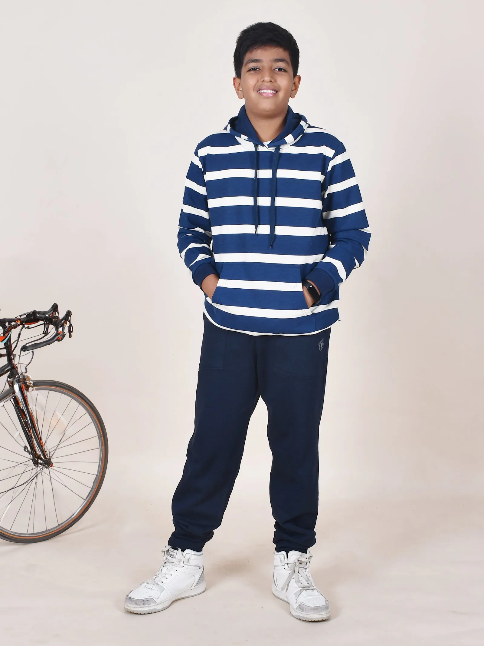 Boys Fleece Full Sleeves Striped Hooded Sweatshirt
