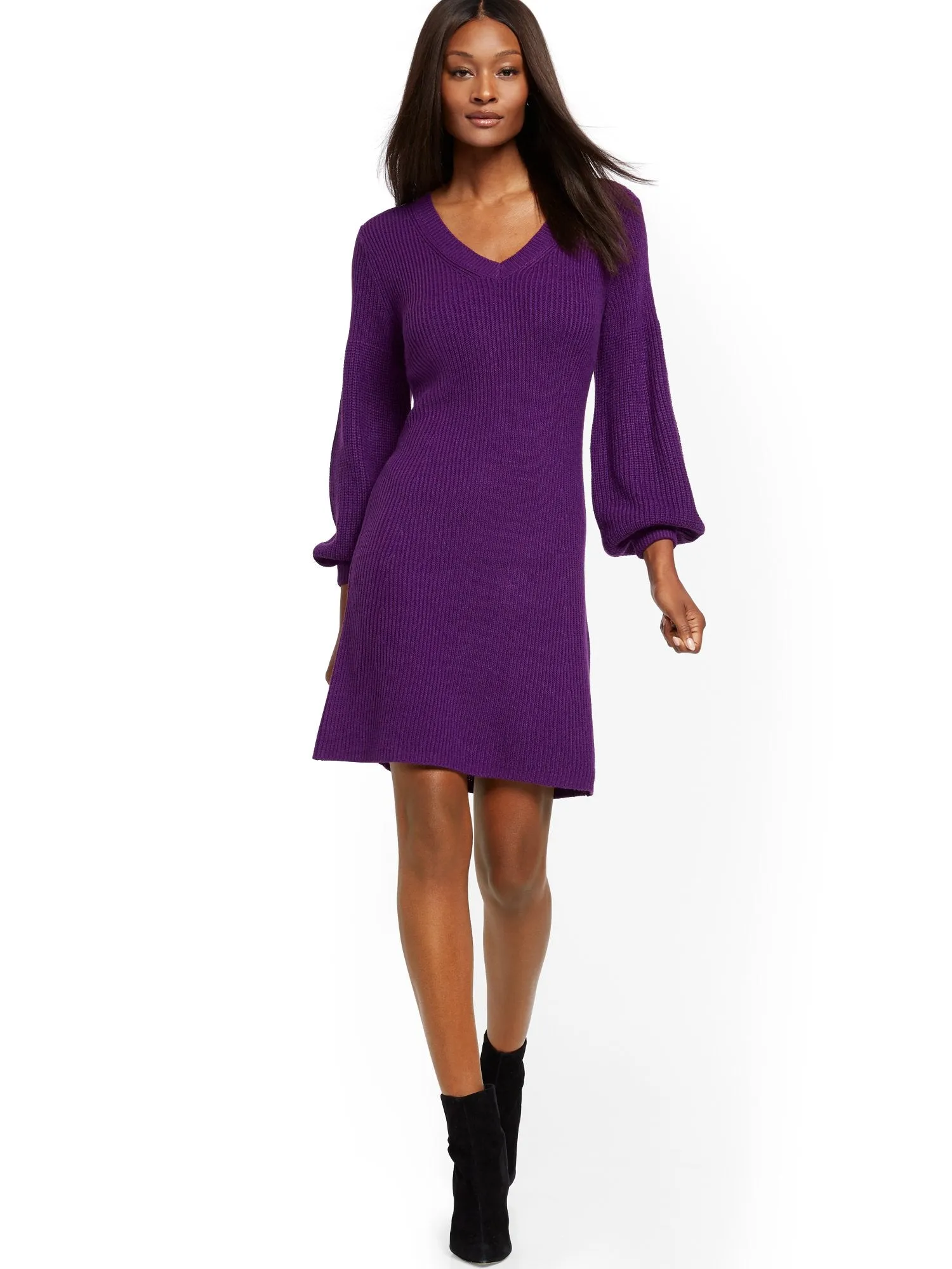 Button-Accent V-Neck Sweater Dress