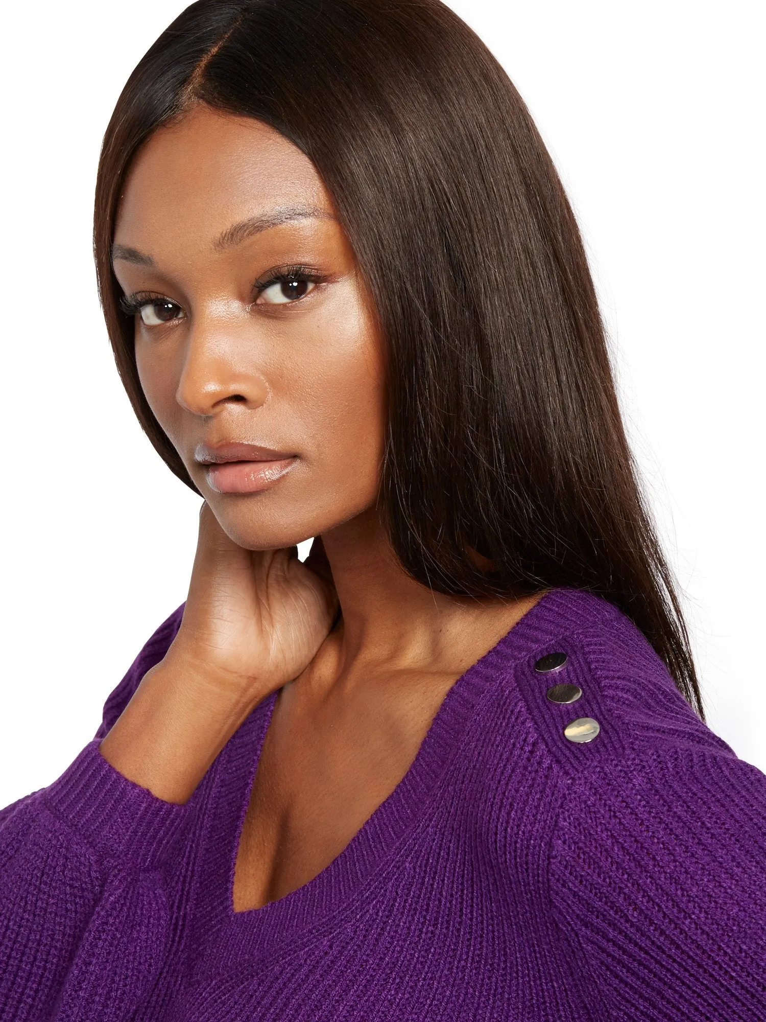 Button-Accent V-Neck Sweater Dress