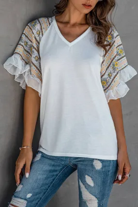Chiffon Patchwork Floral Ruffle Sleeve T-shirt