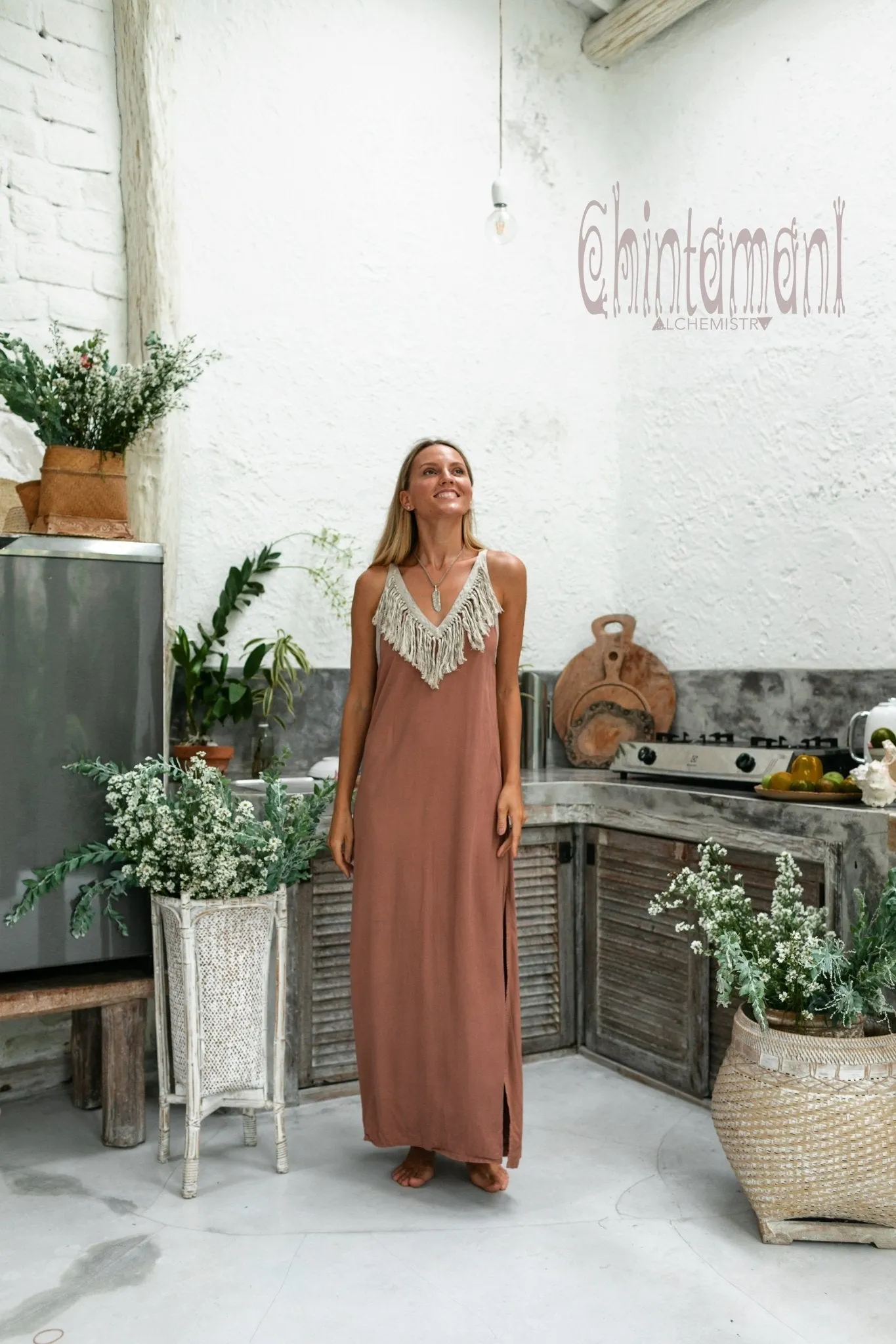 Cotton Boho Fringe Dress for Women / Dusty Pink