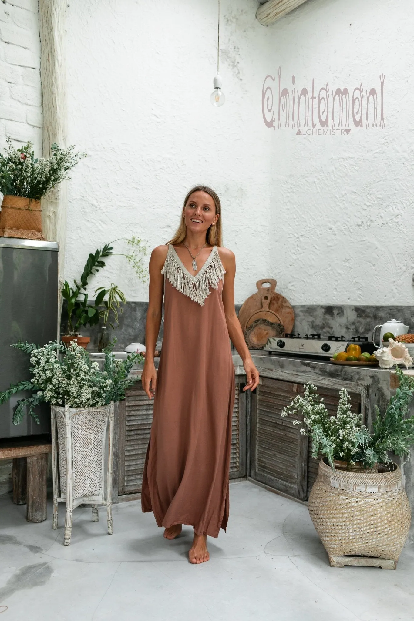 Cotton Boho Fringe Dress for Women / Dusty Pink