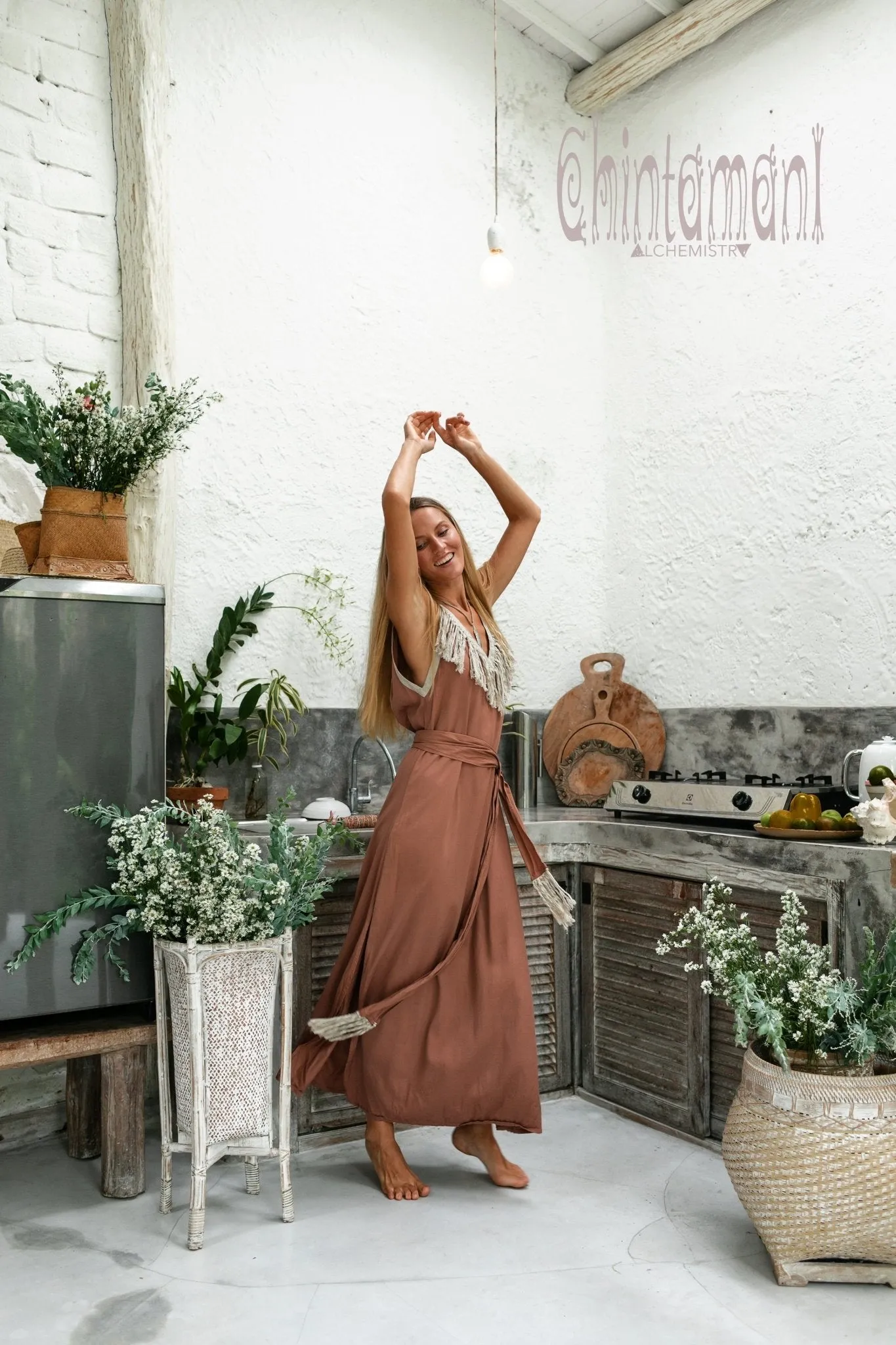 Cotton Boho Fringe Dress for Women / Dusty Pink