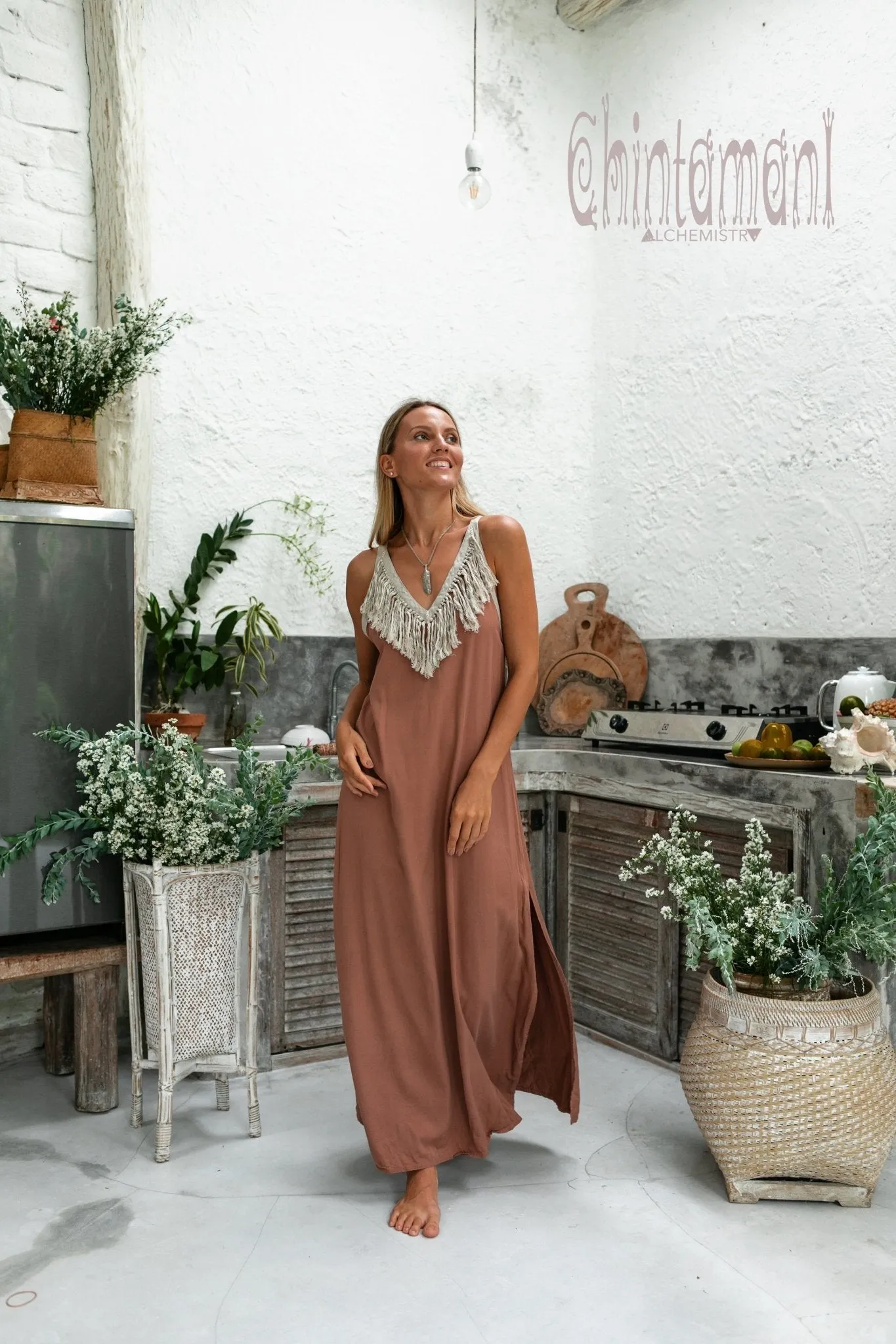 Cotton Boho Fringe Dress for Women / Dusty Pink