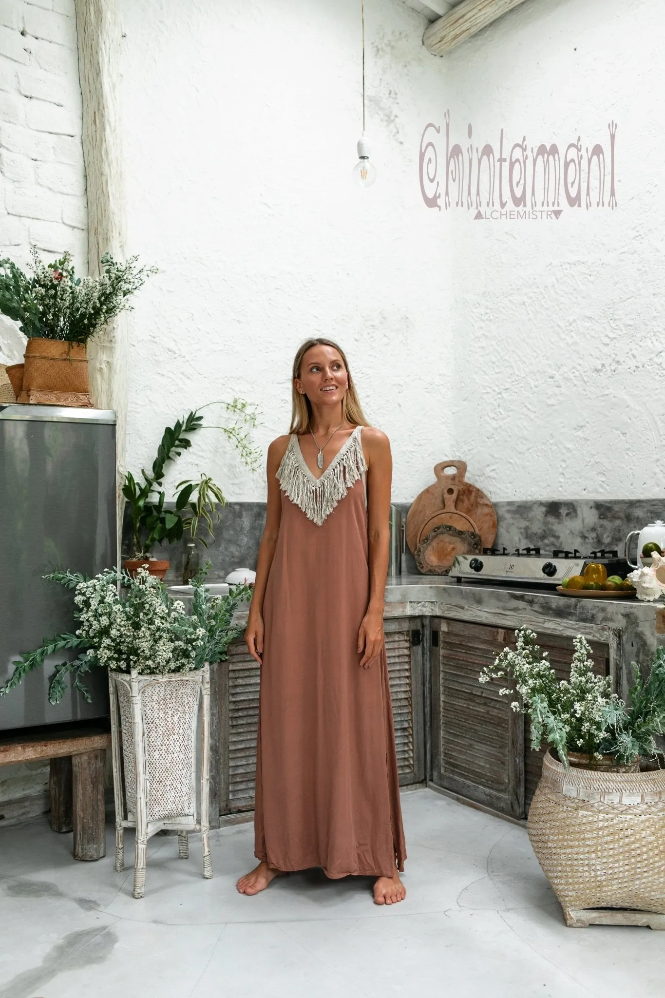 Cotton Boho Fringe Dress for Women / Dusty Pink