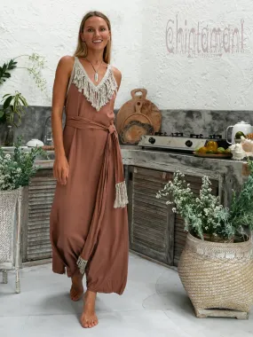 Cotton Boho Fringe Dress for Women / Dusty Pink