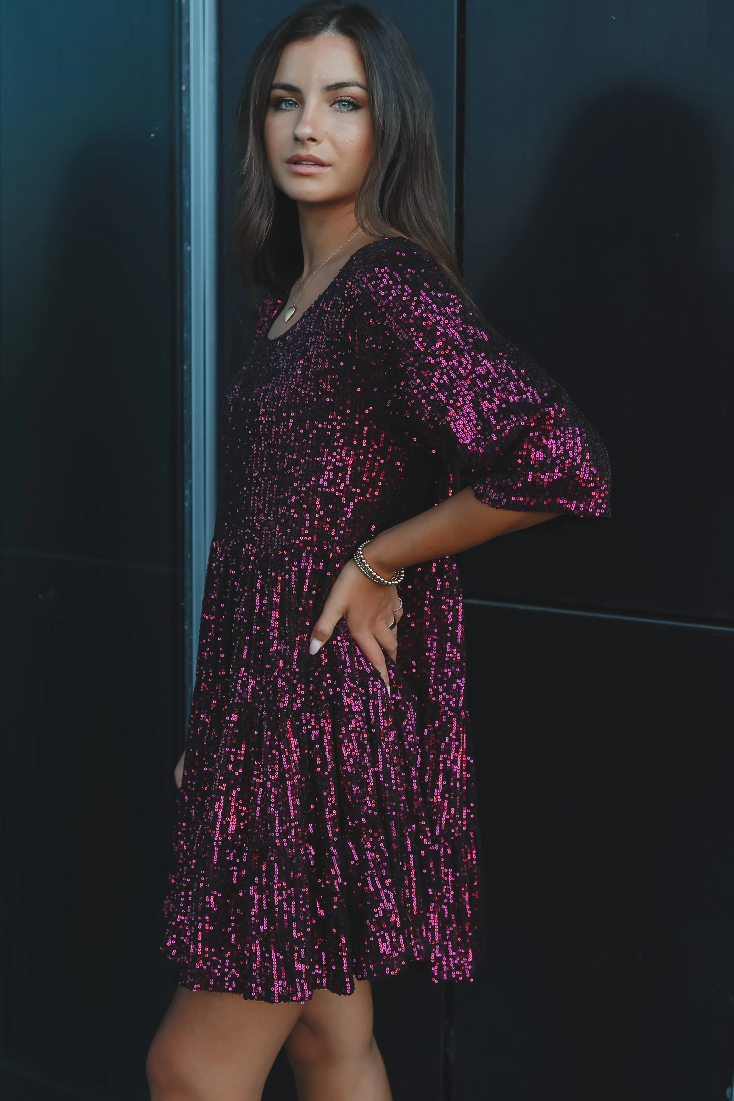 DEAL My Queen Sequin Black Cherry Baby Doll Dress
