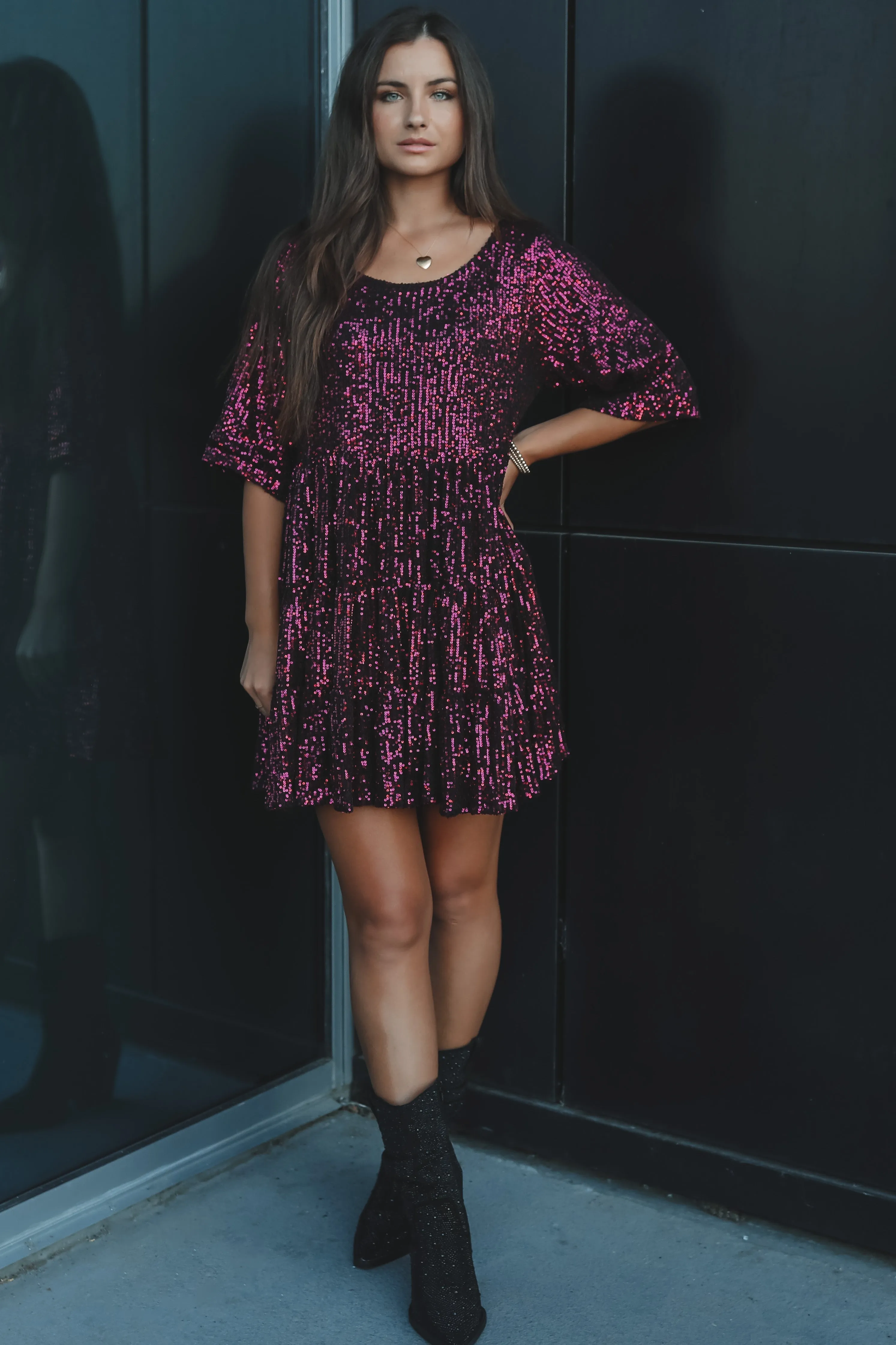 DEAL My Queen Sequin Black Cherry Baby Doll Dress