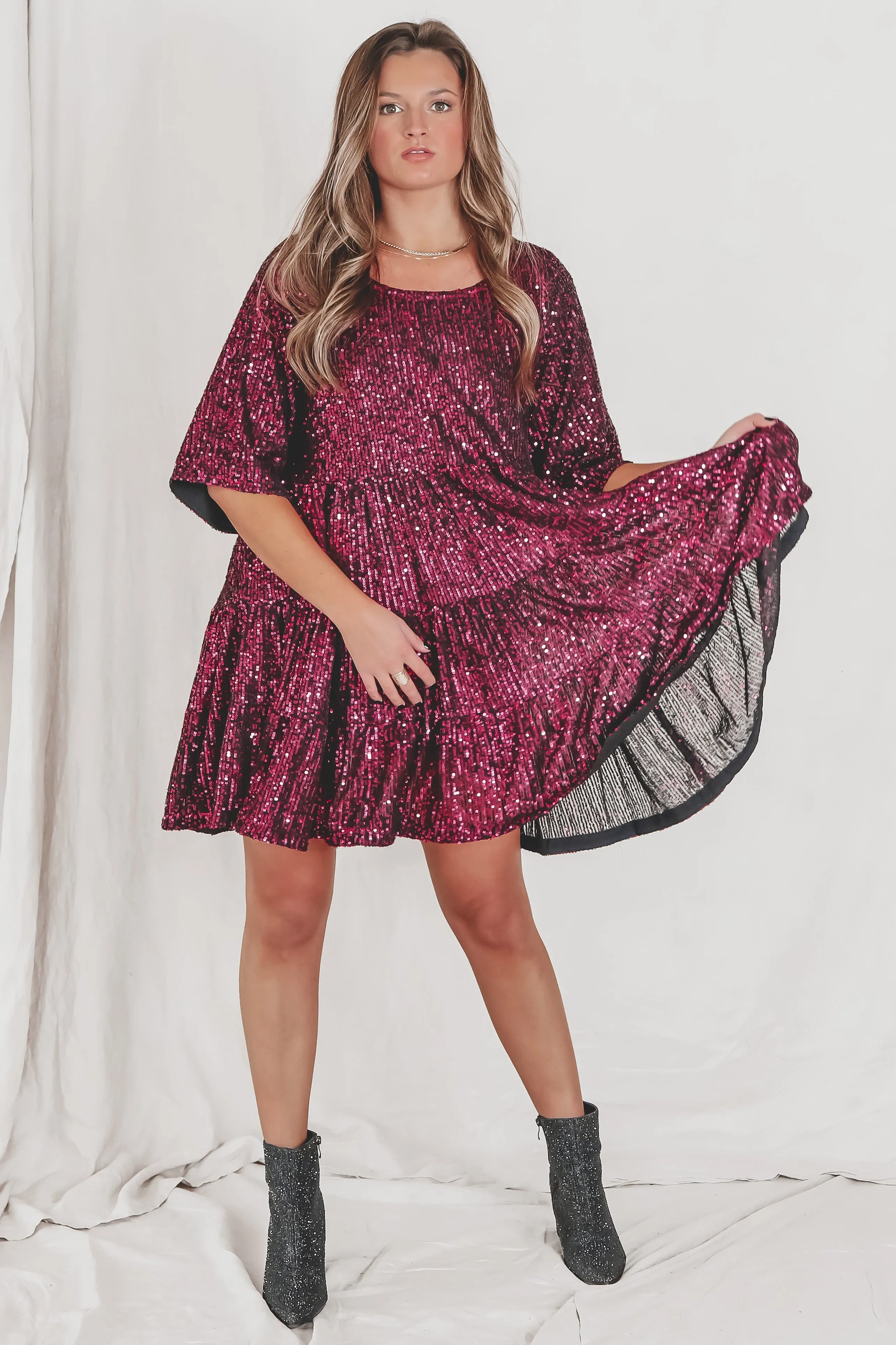 DEAL My Queen Sequin Black Cherry Baby Doll Dress