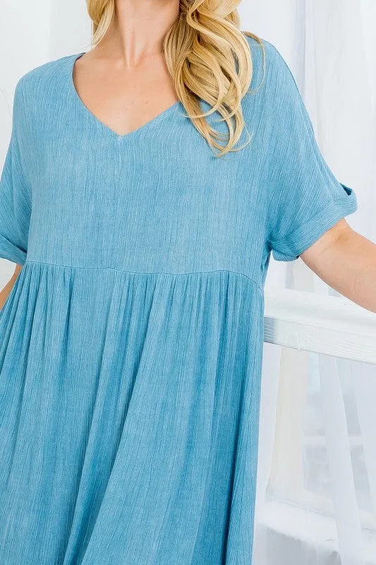 DENIM V-NECK FOLD SLEEVE BABY DOLL DRESS