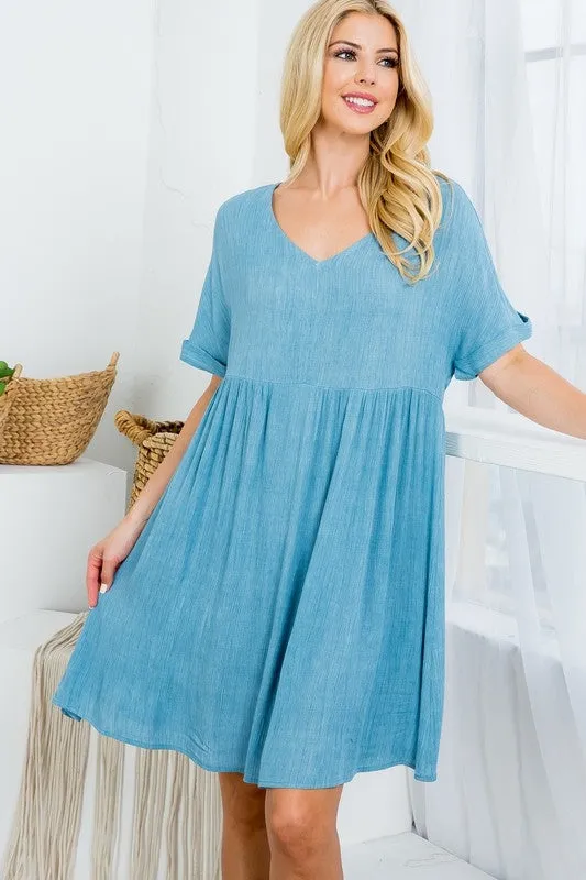 DENIM V-NECK FOLD SLEEVE BABY DOLL DRESS