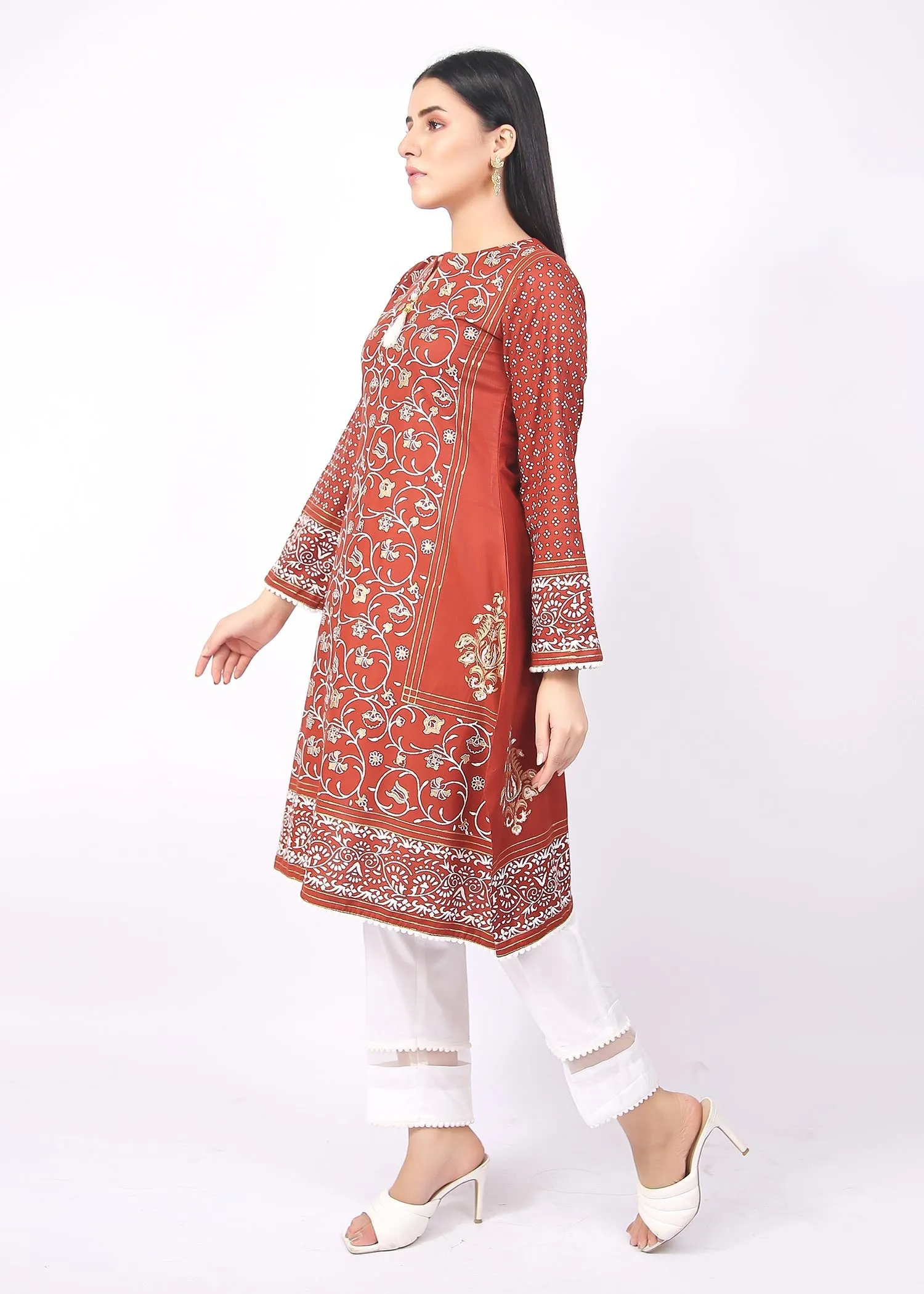 FashionPorters - Unstitched 3 Piece Block Printed Cotton Lawn Orange Rust Suit SUS22-RY15