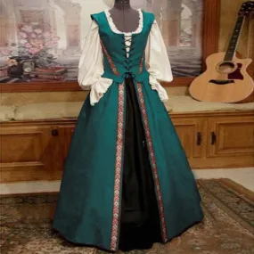 Female's Retro Medieval Renaissance Square Neck Trumpet Sleeves Corset Dress | Holloween Cosplay Costumes Dress
