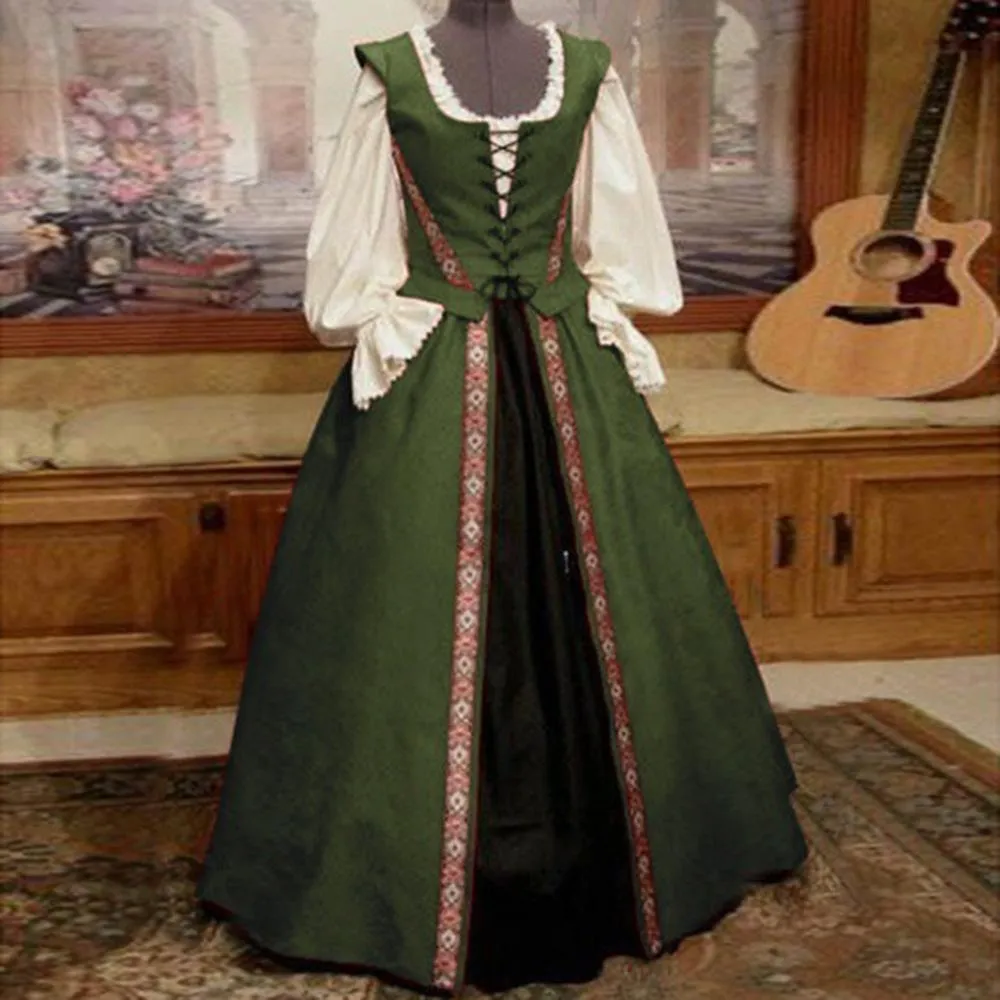 Female's Retro Medieval Renaissance Square Neck Trumpet Sleeves Corset Dress | Holloween Cosplay Costumes Dress