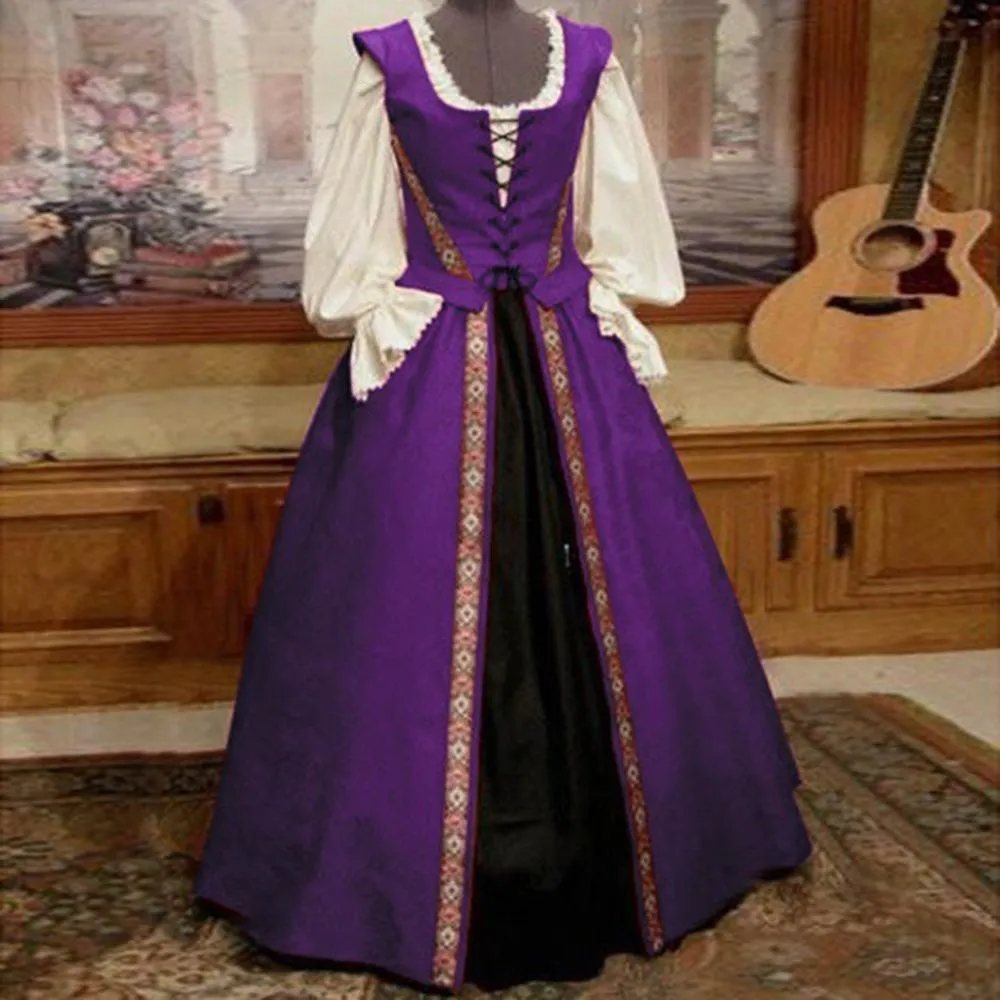Female's Retro Medieval Renaissance Square Neck Trumpet Sleeves Corset Dress | Holloween Cosplay Costumes Dress