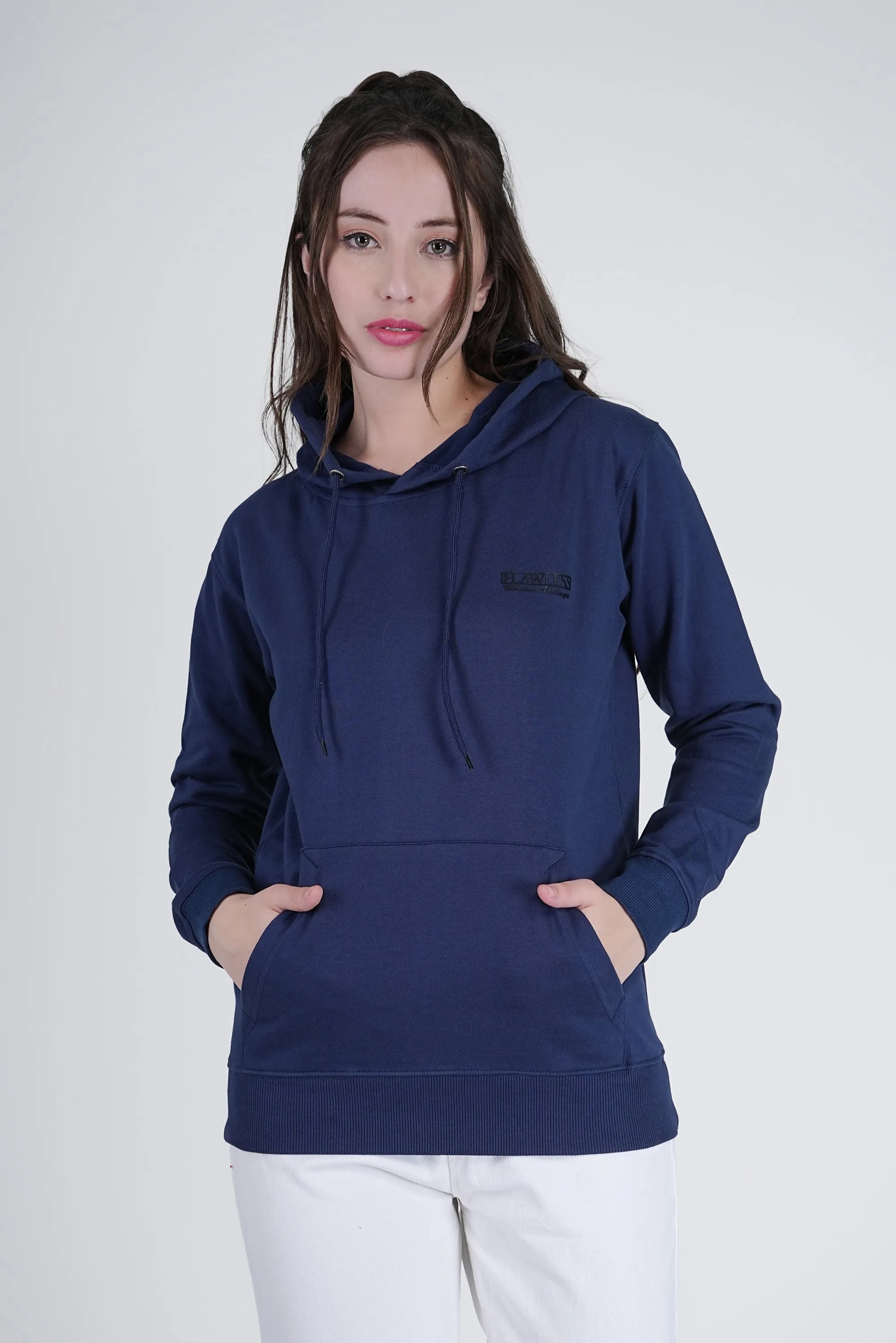 Flawless Blue Solid Hoodie for Women