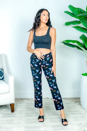 Floral Print Cropped Pants with Zip Fly in Black (D2604-I633)
