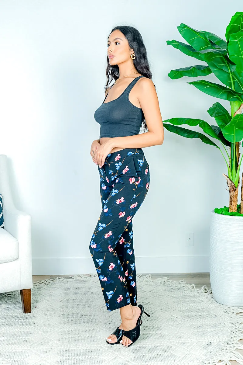 Floral Print Cropped Pants with Zip Fly in Black (D2604-I633)