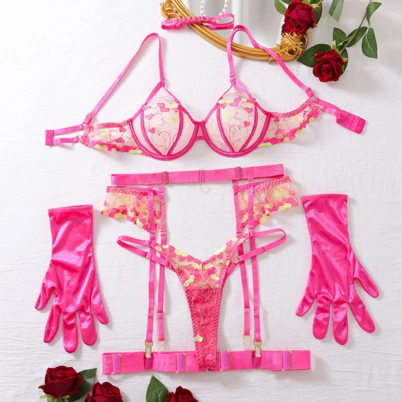 Fluorescent Powder Pink Embroidered Sexy Underwear 6-piece Set
