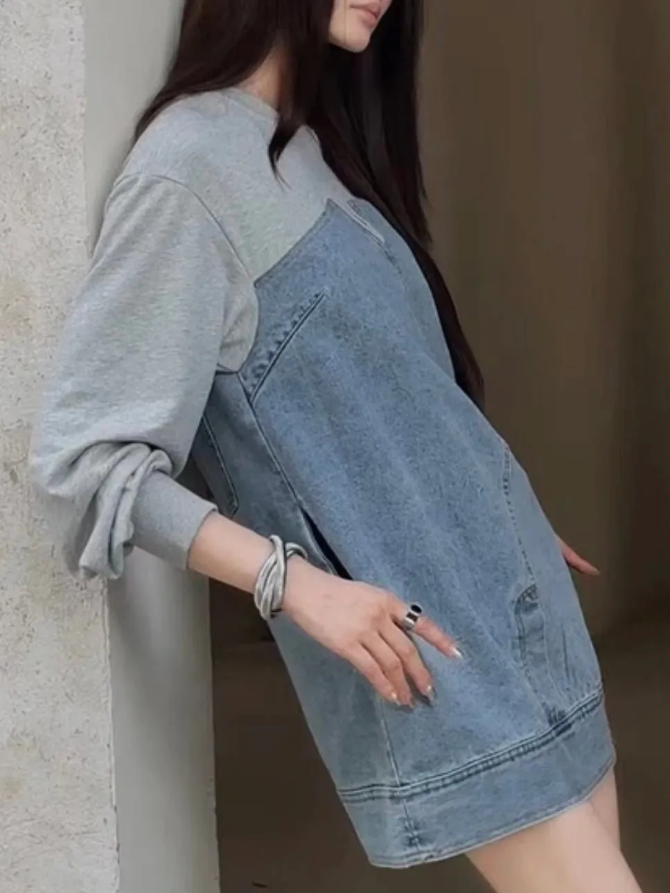 Gray and denim asymmetrical mini dress