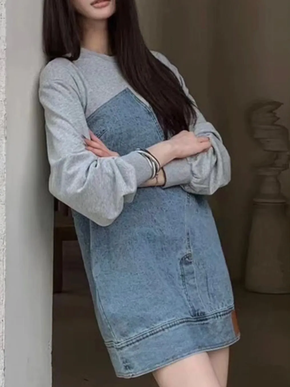 Gray and denim asymmetrical mini dress