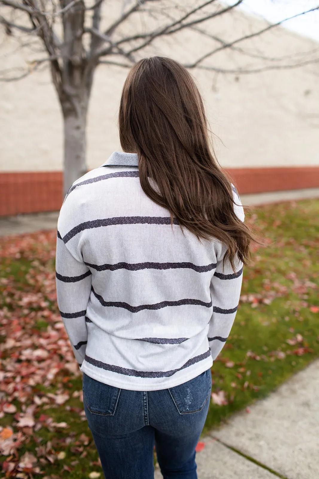 Gray Striped Vneck Collared LS Top (SM-XL)