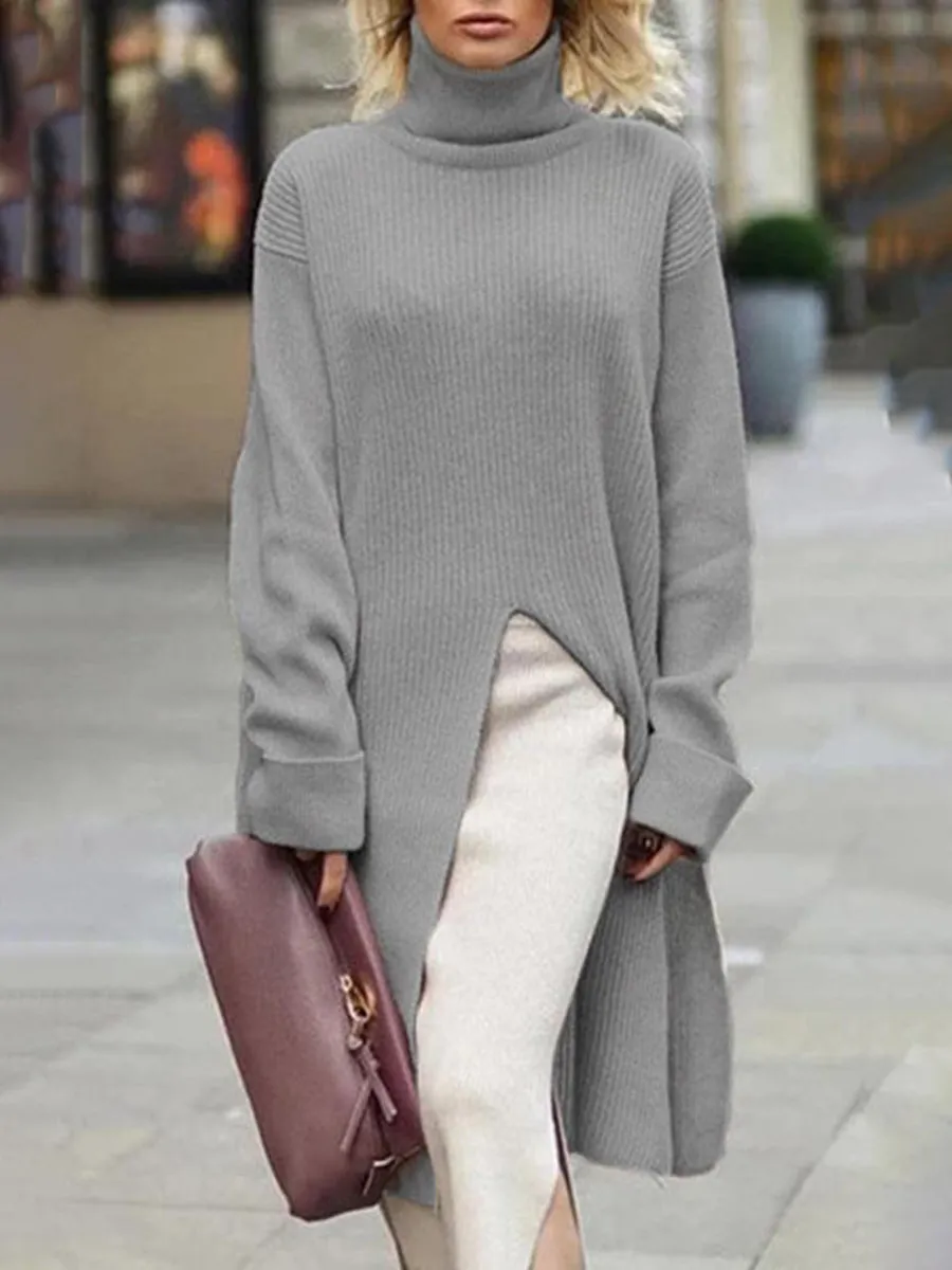 High Neck Long Sleeves Solid Midi Dress