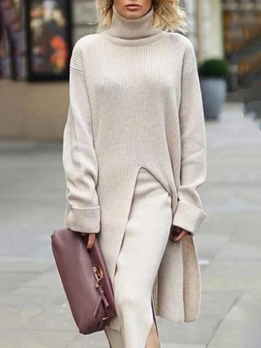 High Neck Long Sleeves Solid Midi Dress