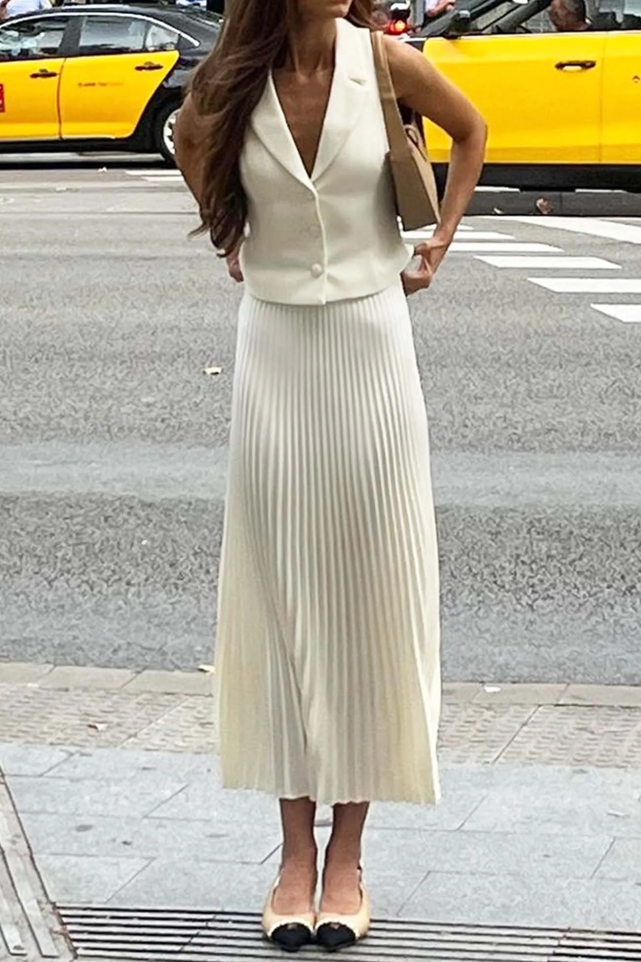 Joskaa Lapel Vest Pleated Midi Skirt Set