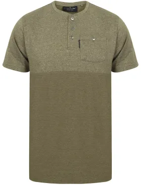 Koku Block Design Henley Neck T-Shirt with Chest Pocket In Turtle Khaki - Dissident