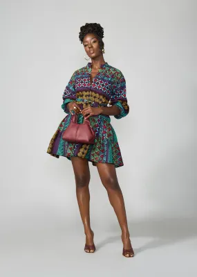 Malia Women's African Dress (Teal Maroon Multipattern)