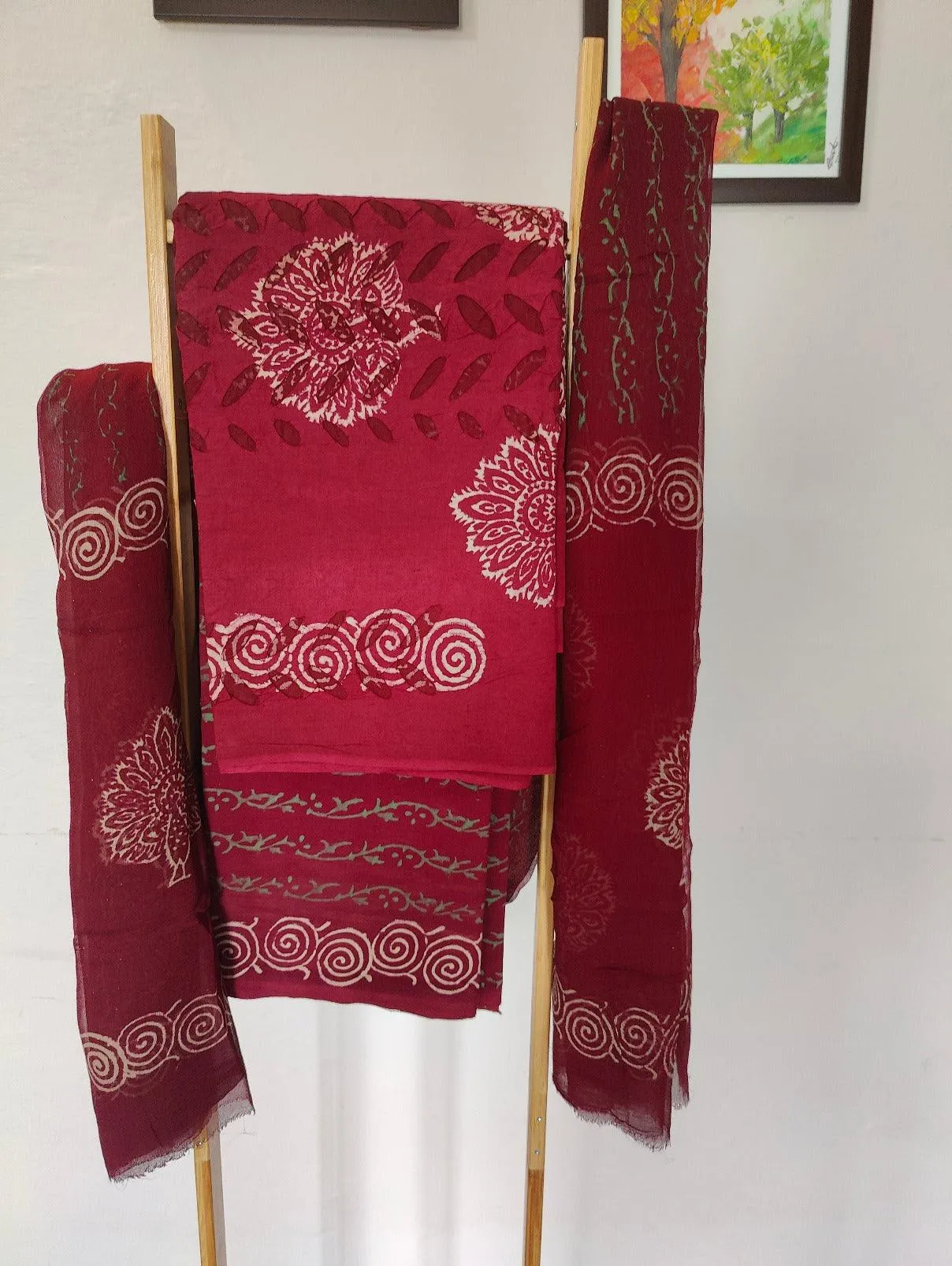MAROON BLOCK PRINT APPLIQUE SUIT