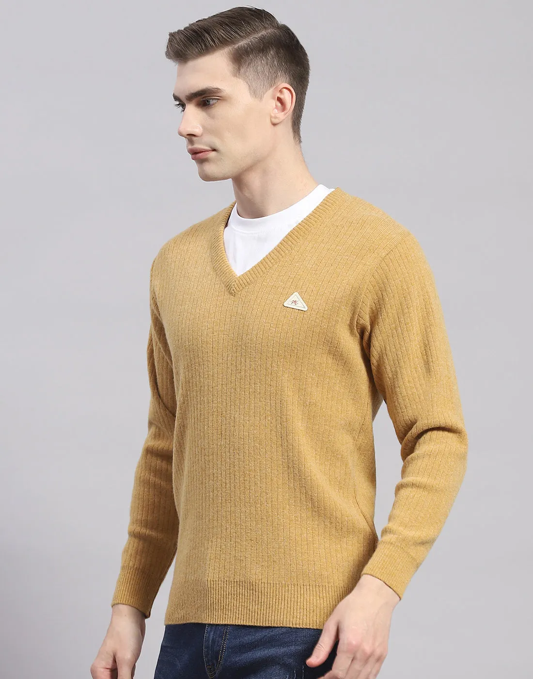 Men Camel Brown Solid V Neck Full Sleeve Pullover