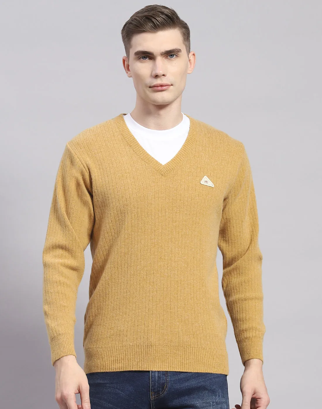 Men Camel Brown Solid V Neck Full Sleeve Pullover
